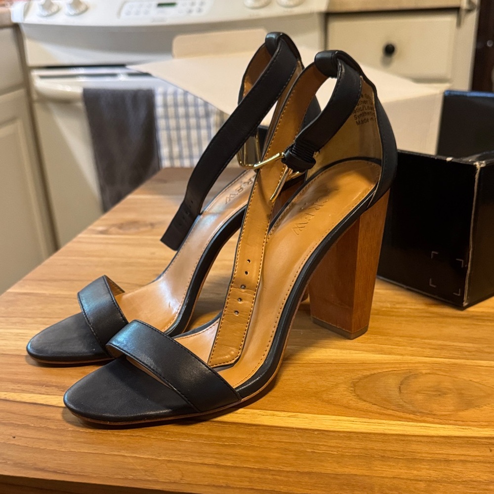Navy Leather Block Heels